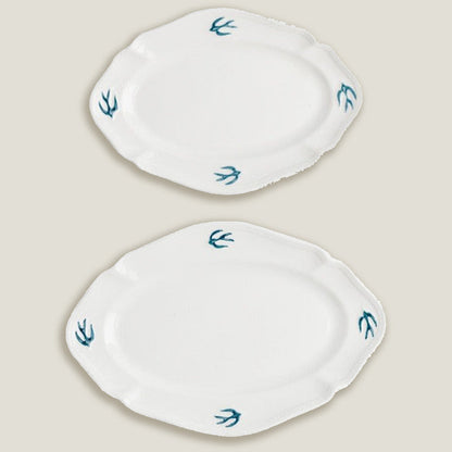 Blue White Bird Oval Dinner Plates