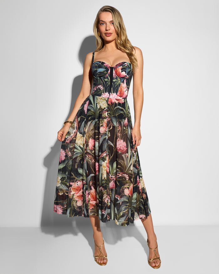 Full body front view of model in Bombshell Midi Dress - Midnight Peony