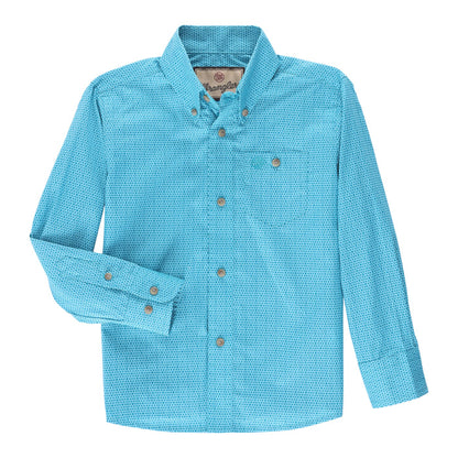 Boy's Wrangler Classic Button Down Print Shirt- Teal Disc