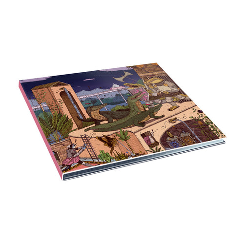 A colorful illustrated book by Resilia, featuring a green dragon in a whimsical medieval setting, rests closed on a white surface, evoking the excitement of an album presale or music bundle.