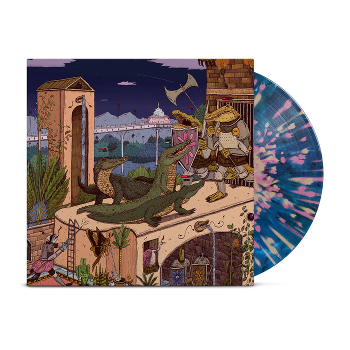 Resilia's "By A Thread" Dark Blue Marble LP—with pink and white splatters—peeks out behind a vibrant cover of a three-headed dragon confronting armored foes on a castle rooftop. Now available for presale.