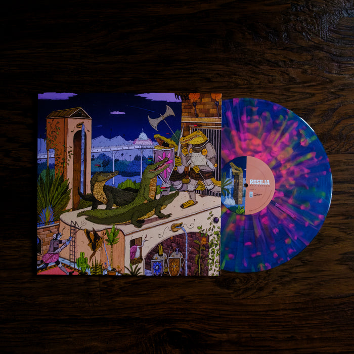 A limited edition Resilia vinyl with pink, blue, and yellow swirls is partly inside an illustrated album cover showing two armored animals facing a green dragon. The vinyl label features the Resilia brand name.