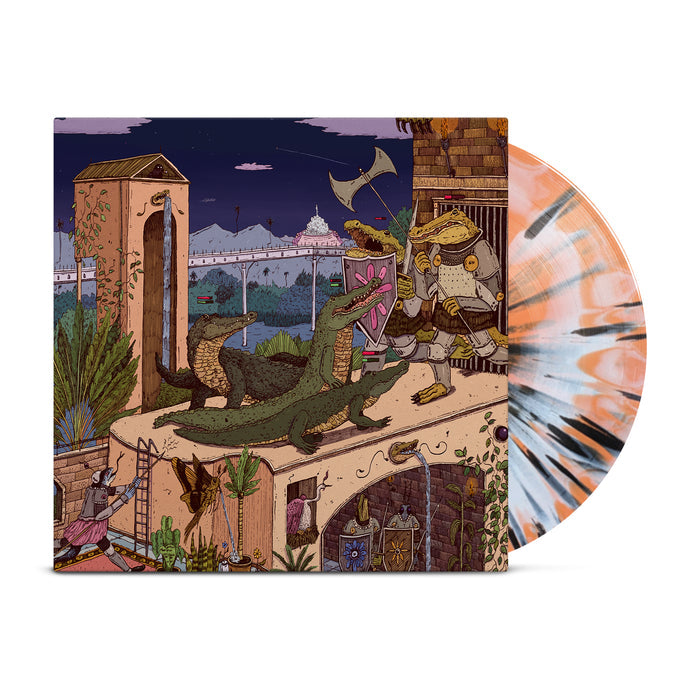 Resilia album cover features two armored warriors with axes facing a three-headed dragon on stone, with an orange and white starburst LP partly visible behind them, set against detailed medieval architecture.