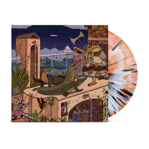 Resilia album cover features two armored warriors with axes facing a three-headed dragon on stone, with an orange and white starburst LP partly visible behind them, set against detailed medieval architecture.