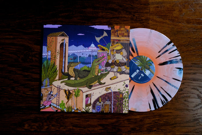 A Resilia Limited Edition LP with pink and black splatter vinyl sits by its illustrated cover, showing medieval-clad anthropomorphic alligators on a castle balcony at night with a bridge and distant buildings behind them.