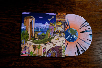 A Resilia Limited Edition LP with pink and black splatter vinyl sits by its illustrated cover, showing medieval-clad anthropomorphic alligators on a castle balcony at night with a bridge and distant buildings behind them.