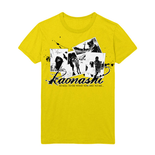 A bright yellow T-shirt has pictures of a man and a woman on it with the words, "Kaonashi: I'd Kill To Be What You Are To Me..." underneath it in black splatter and cursive.