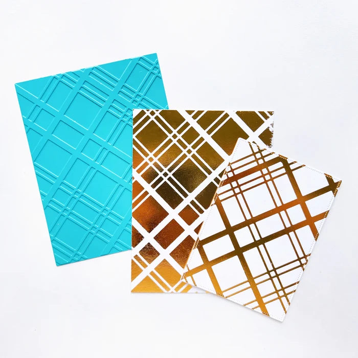 Catherine Pooler - Hot Foil Plate - Just Plaid. Hot foil fans will love the gorgeous angled plaid this product will add to your cards and projects. Use the entire background with your favorite foils or cut accent piece to add a pop of shine to your card. Available at Embellish Away located in Bowmanville Ontario Canada