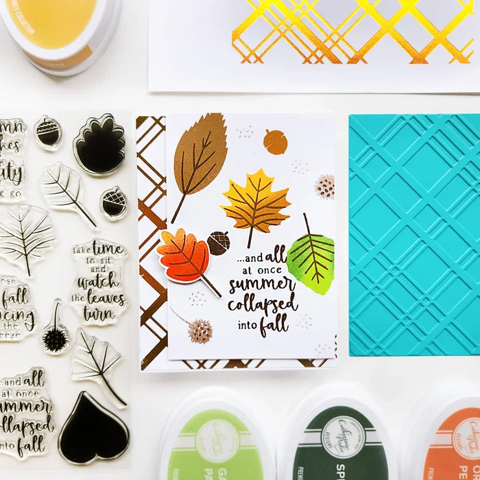 Catherine Pooler - Hot Foil Plate - Just Plaid. Hot foil fans will love the gorgeous angled plaid this product will add to your cards and projects. Use the entire background with your favorite foils or cut accent piece to add a pop of shine to your card. Available at Embellish Away located in Bowmanville Ontario Canada. Example by Catherine Pooler Designs.
