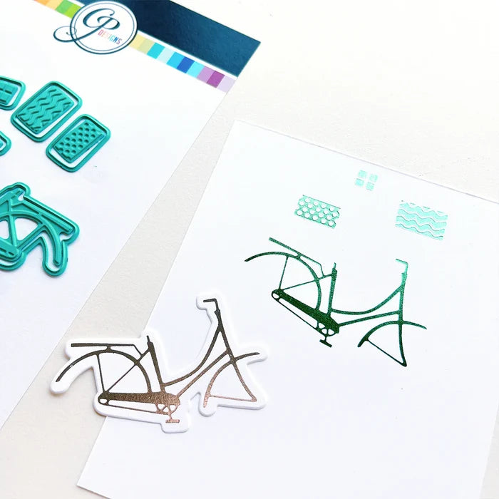 Catherine Pooler - Hot Foil Plates and Dies - Pedaling By. This set of hot foil plates and coordinating dies will allow you to create hot foiled gifts and a foiled bicycle frame to go along with your stamped and die cut bike. Available at Embellish Away located in Bowmanville Ontario Canada.