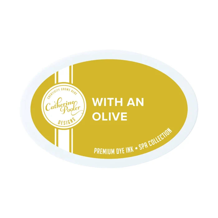 Catherine Pooler - Ink Pad - With an Olive. Shaken, not stirred. With an Olive is the perfect Spa olive green! This gorgeous, muted yellow-green falls between Lemongrass and Green Tea on the color wheel. Available at Embellish Away located in Bowmanville Ontario Canada.