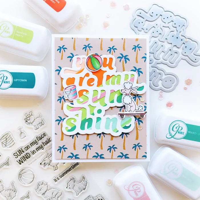 Catherine Pooler - Layered Word Dies - My Sunshine. This word die cuts a frame for the phrase "you are my sunshine" that can be used open or with the letters inlaid back inside for more color contrast. Available at Embellish Away located in Bowmanville Ontario Canada. Example by Catherine Pooler Designs.