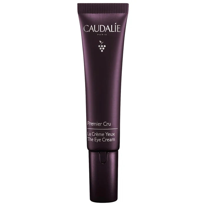 Caudalie Premier Cru Anti-Aging Eye Cream jar showing the elegant 15ml container for fine lines and wrinkles.