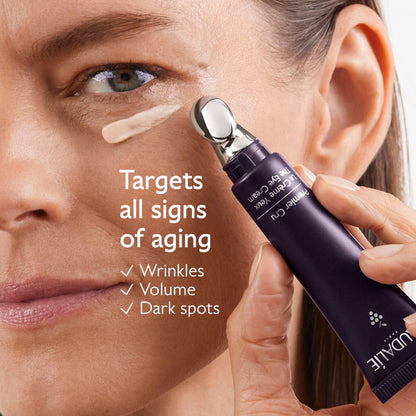 Caudalie Premier Cru Anti-Aging Eye Cream jar showing the 15ml container with cream for fine lines and wrinkles.