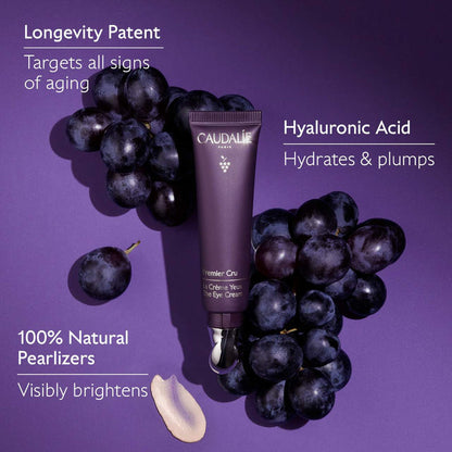 Caudalie Premier Cru Anti-Aging Eye Cream in 15ml jar, showcasing the luxurious packaging and smooth cream texture.