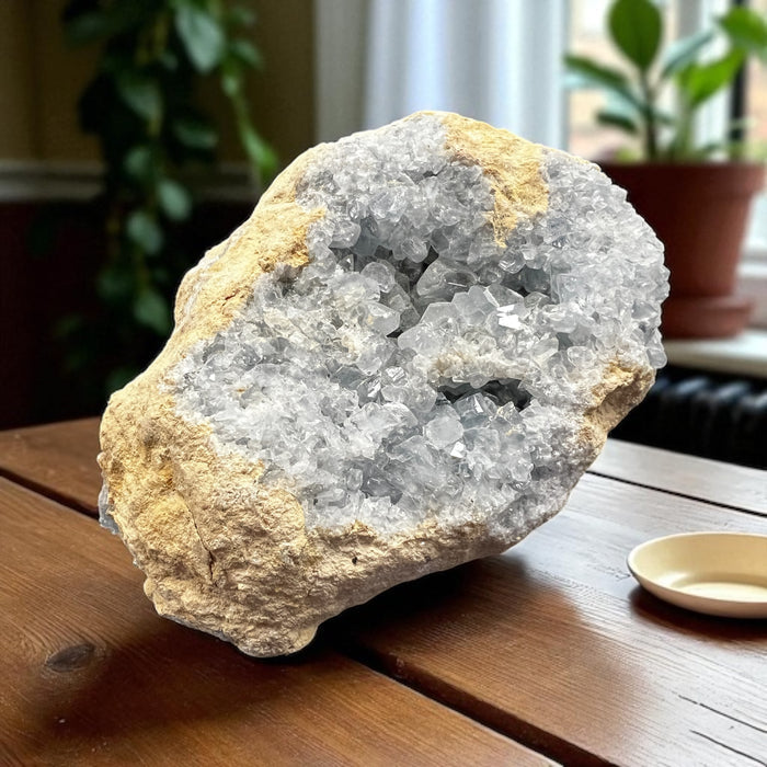Large Celestite cluster crystal with sky-blue sparkling points, measuring 6.25 x 4.75 x 2.75 inches, weighing 4.07 lbs – metaphysical crystal from Raven’s Cauldron, 6 N. Sandusky St., Delaware, OH 43015