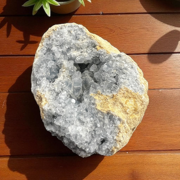 Large Celestite cluster crystal with sky-blue sparkling points, measuring 6.25 x 4.75 x 2.75 inches, weighing 4.07 lbs – metaphysical crystal from Raven’s Cauldron, 6 N. Sandusky St., Delaware, OH 43015