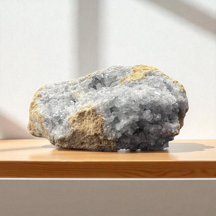 Large Celestite cluster crystal with sky-blue sparkling points, measuring 6.25 x 4.75 x 2.75 inches, weighing 4.07 lbs – metaphysical crystal from Raven’s Cauldron, 6 N. Sandusky St., Delaware, OH 43015