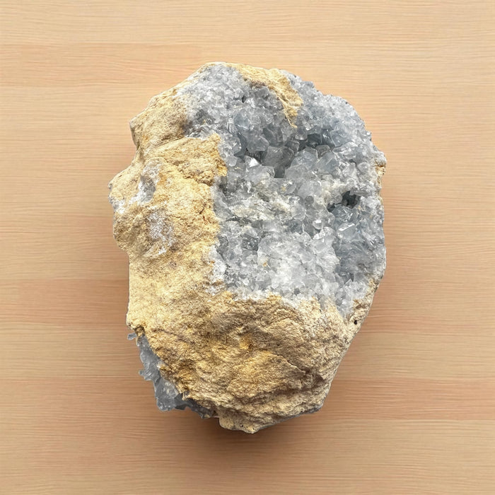 Large Celestite cluster crystal with sky-blue sparkling points, measuring 6.25 x 4.75 x 2.75 inches, weighing 4.07 lbs – metaphysical crystal from Raven’s Cauldron, 6 N. Sandusky St., Delaware, OH 43015