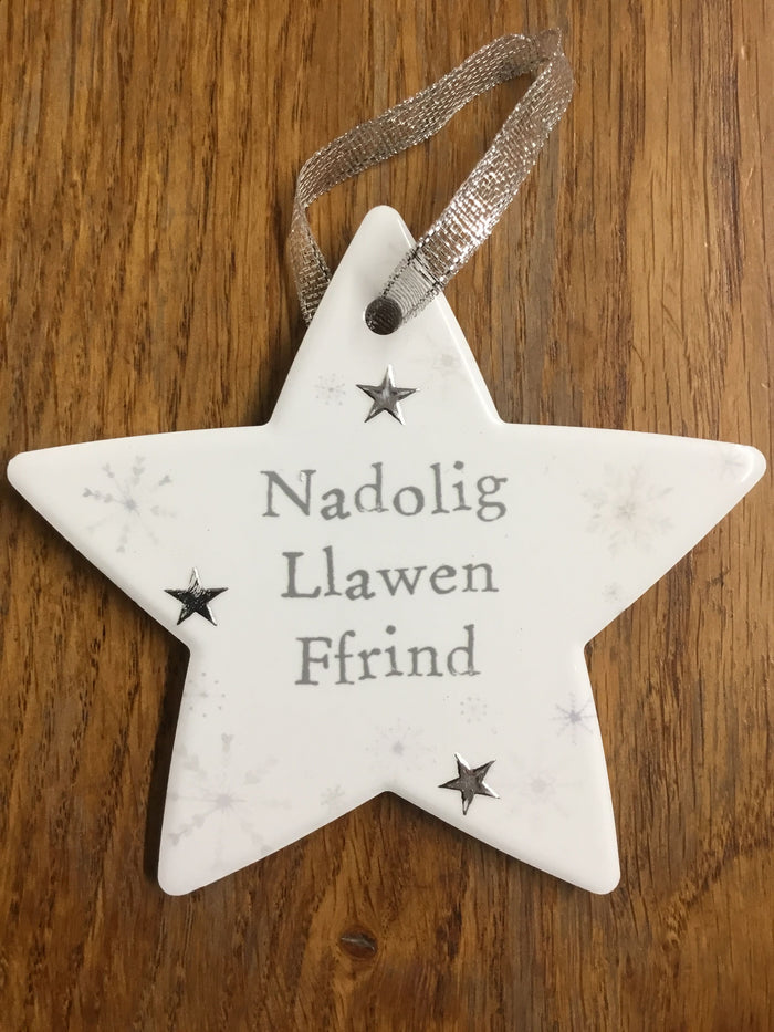 Ceramic Star Christmas Decoration - 'Nadolig Llawen Ffrind'