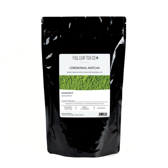 A 1/2 pound bag of Full Leaf Tea Company Ceremonial Matcha.