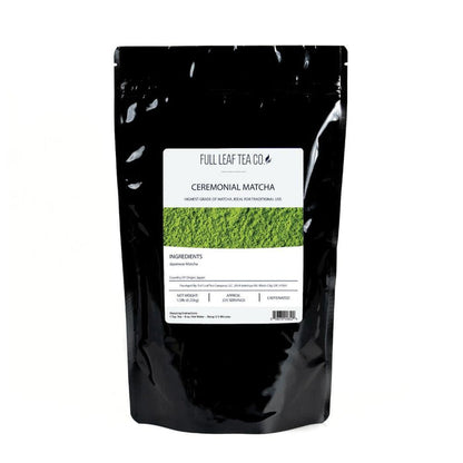 A 1/2 pound bag of Full Leaf Tea Company Ceremonial Matcha.