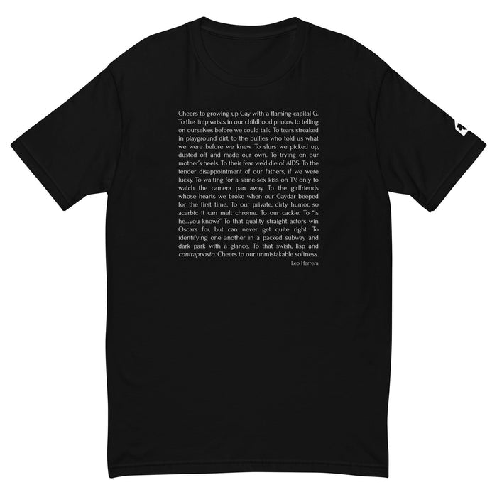 Black fitted t-shirt with Cheers to Growing Up Gay prose by Leo Herrera in white text, ghost mannequin front view, Adam's Nest Provincetown