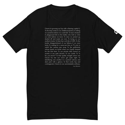 Black fitted t-shirt with Cheers to Growing Up Gay prose by Leo Herrera in white text, ghost mannequin front view, Adam's Nest Provincetown