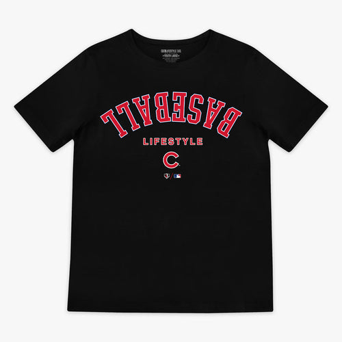 Black youth graphic tee with "Chicago Cubs Upside Down" design — front view
