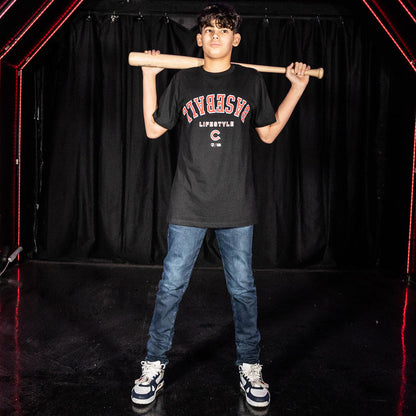 Youth model wearing black youth graphic tee with "Chicago Cubs Upside Down" design