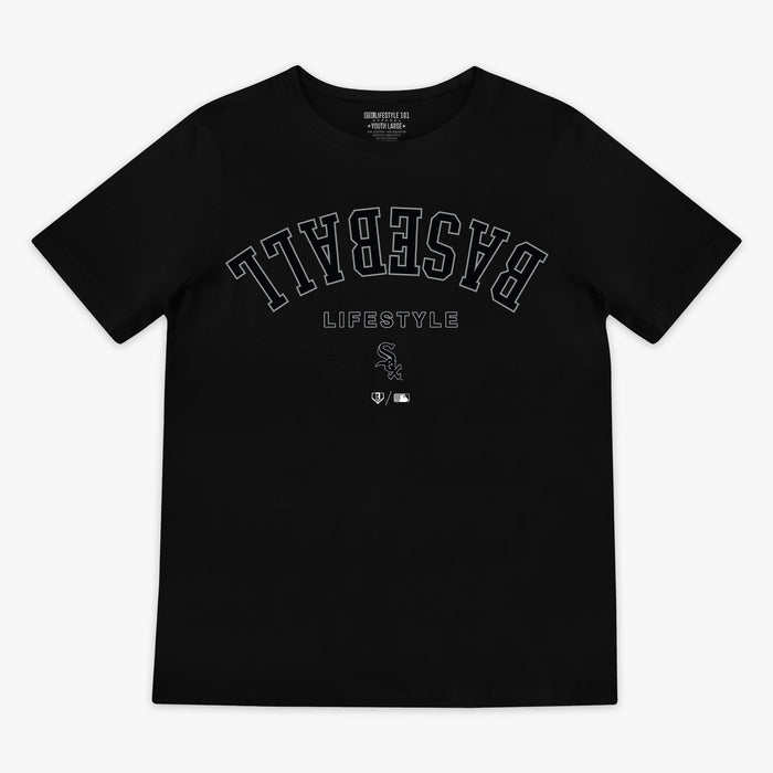 Black youth graphic tee with "Chicago White Sox Upside Down" design — front view