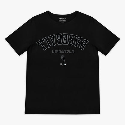 Black youth graphic tee with "Chicago White Sox Upside Down" design — front view