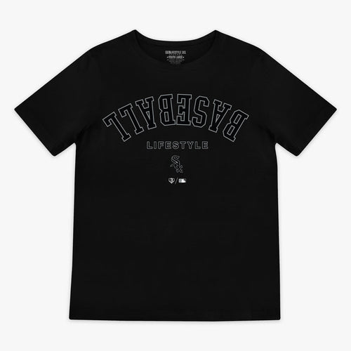 Black youth graphic tee with "Chicago White Sox Upside Down" design — front view
