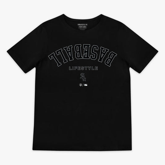 Black youth graphic tee with "Chicago White Sox Upside Down" design — front view