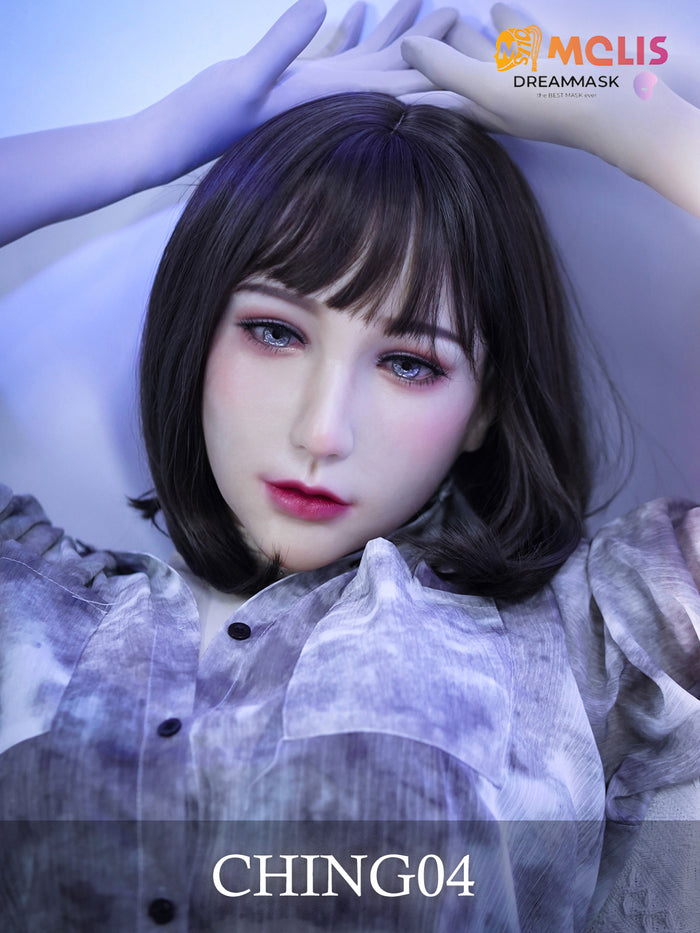 Realistic silicone female mask by InTheMask, detailed makeup features, lifelike facial features, and natural skin tone.