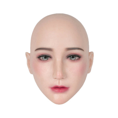 Realistic silicone female makeup mask with lace-back design, detailed fake eyes, and natural makeup look by InTheMask.