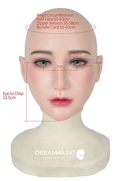 Realistic silicone female mask with lace-back, detailed makeup, and eye vision features, by InTheMask.