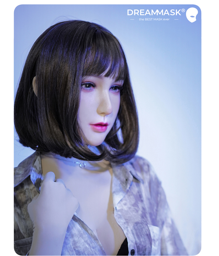 Realistic silicone female mask with lace-back design, detailed makeup, and eye holes for visibility by InTheMask.
