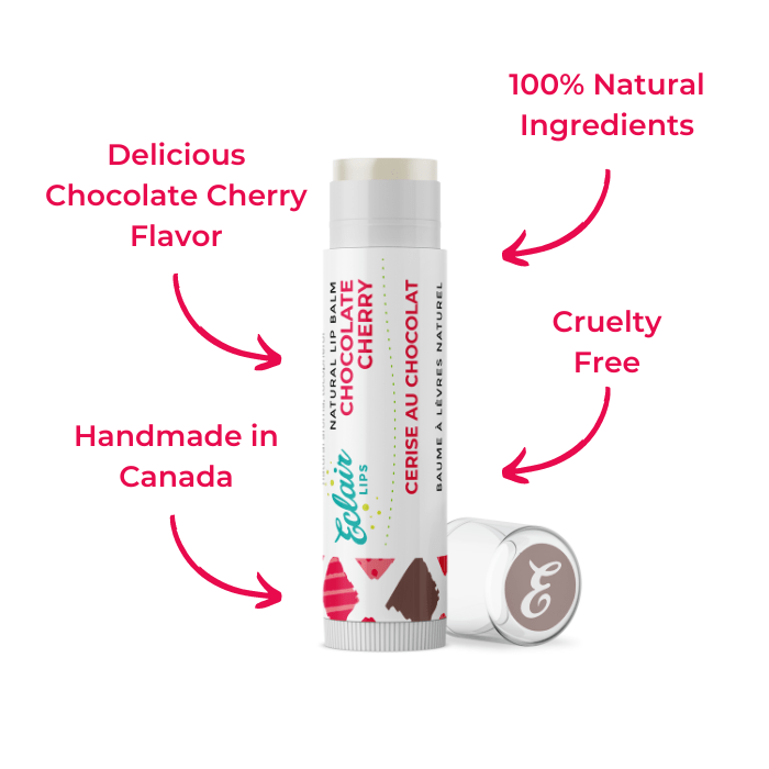 Lip balm tube labeled Chocolate Cherry.