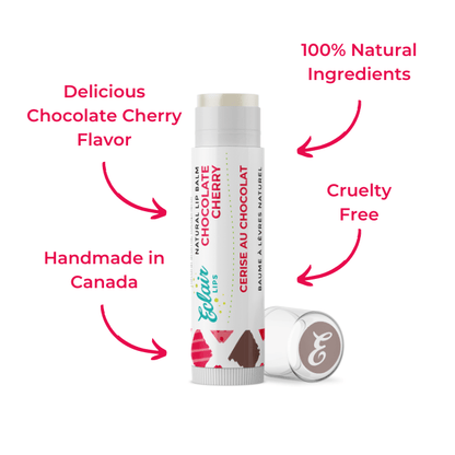 Lip balm tube labeled Chocolate Cherry.