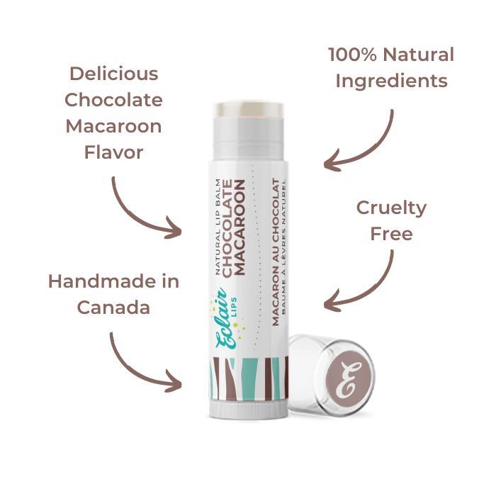 Lip balm tube with Chocolate Macaroon label and additional labels.