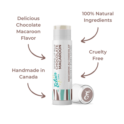 Lip balm tube with Chocolate Macaroon label and additional labels.