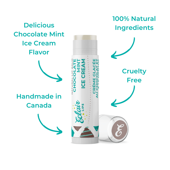 Lip balm tube with Chocolate Mint Ice Cream label.