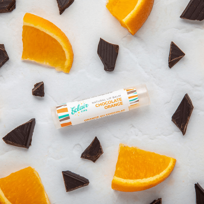 Chocolate orange lip balm with orange slices and chocolate chunks