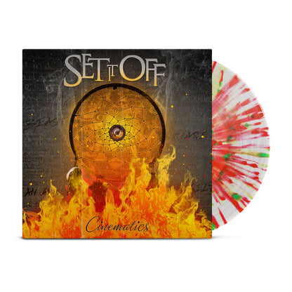 A limited-to-500 clear vinyl with green & red splatter is partly slid from its cover, which displays flames, a dreamcatcher, and the brand name Set It Off.