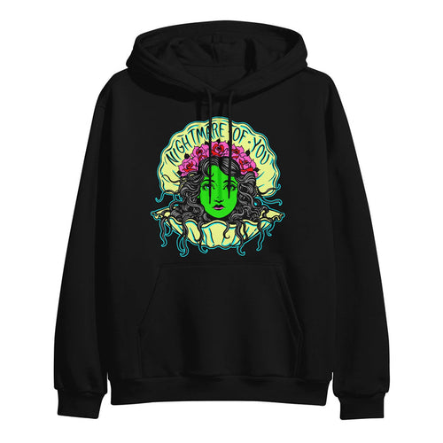 Nightmare Of You black hoodie with a vivid graphic of a green-faced woman, pink flowers, and blue tentacles, framed by "Nightmare Of You" in yellow. Made with premium Independent Trading Company pullover for standout style.