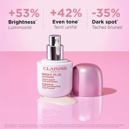Clarins Bright Plus Advanced Serum 30ml bottle, clear glass packaging with white and silver accents, displayed against a white background.