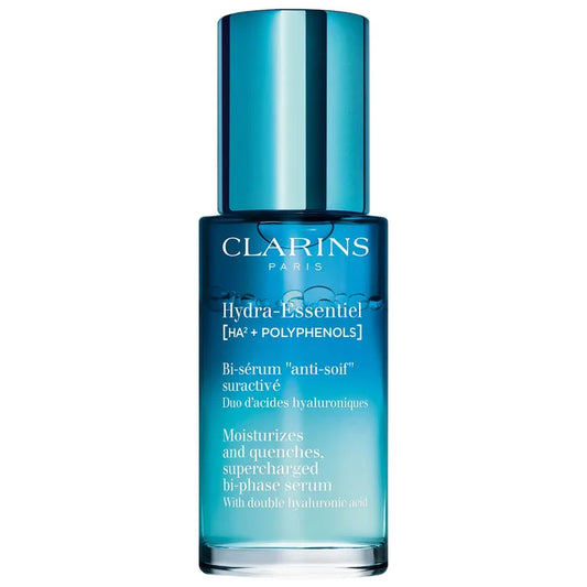 Clarins Hydra-Essentiel Bi-Phase Serum bottle, 30ml, new in box, featuring clear and blue packaging for hydrating skin.