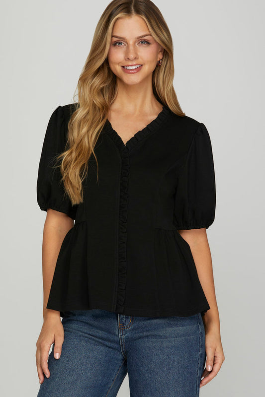 Classic Black Ruffle Peplum Knit Blouse