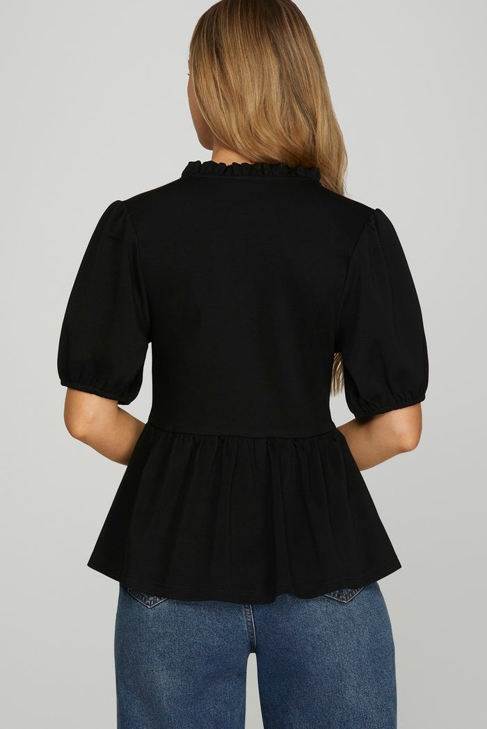 Classic Black Ruffle Peplum Knit Blouse